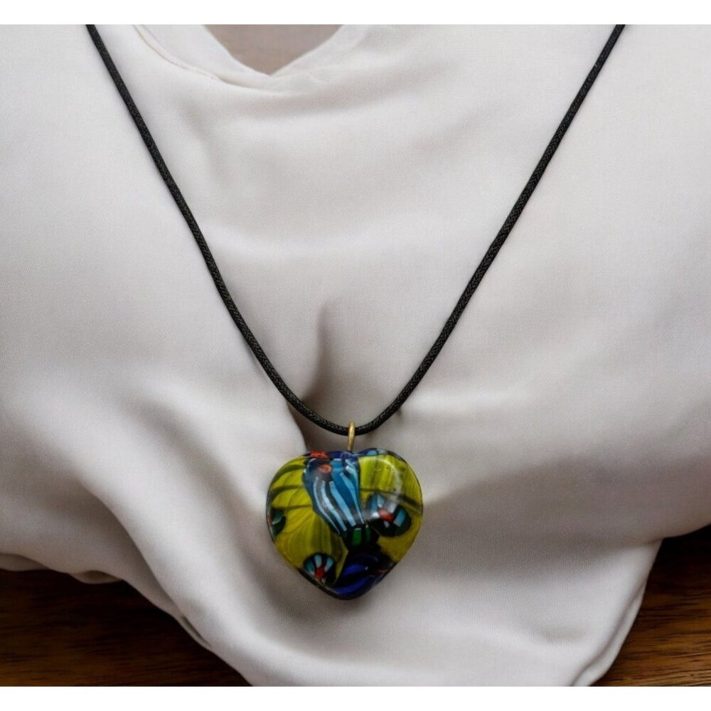 Handcrafted Heart Shaped Glass Pendant Necklace with Black Cord Tropical Jungle